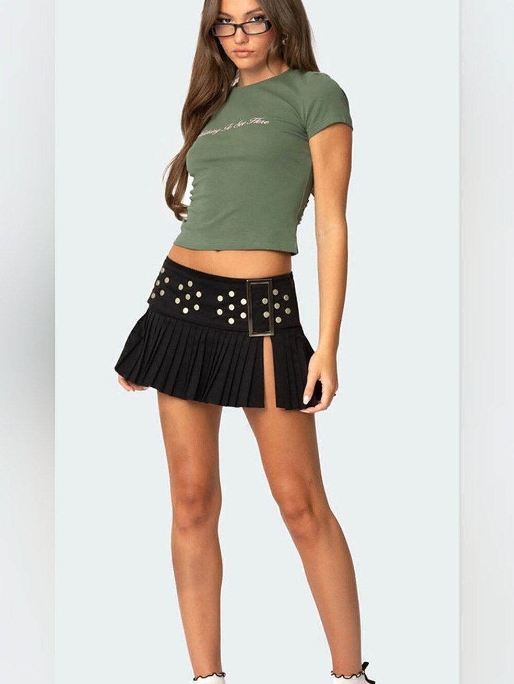 Edikted Roxy Black Side Slit Pleated Mini Skirt Stud Detailing Stretch Large